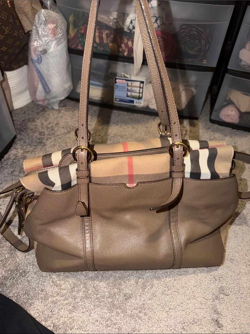 Authentic Burberry Diaper Bag Taupe with Signature Check